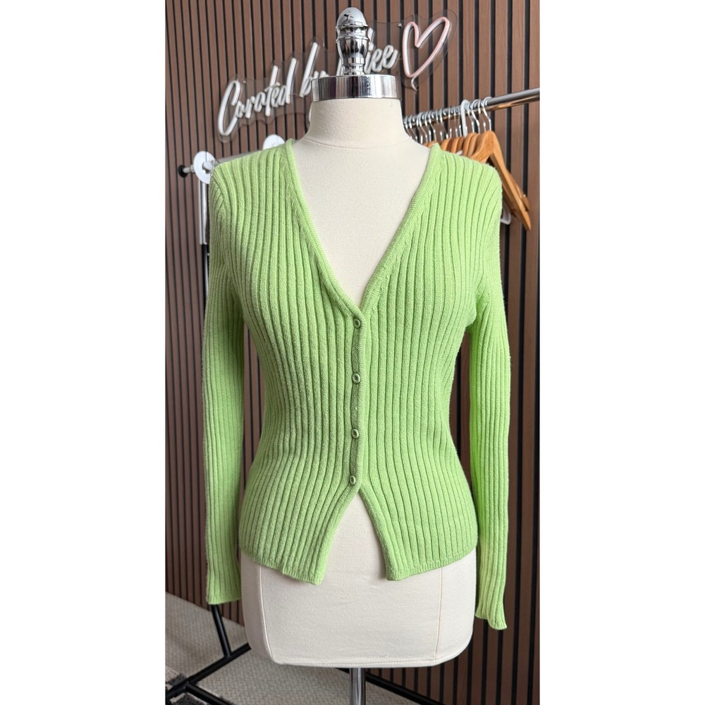 House of Sunny VOL16 Lime Green Ribbed Cardigan Womens US 4 V Neck Button Up